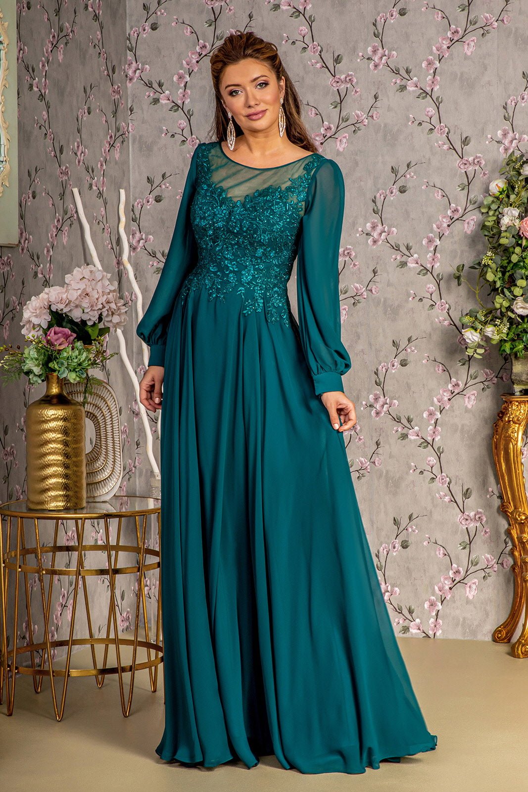 Floral Embroidery Sheer Boat Neckline Chiffon A-line Long Mother Of The Bride Dress GLGL3363 - PrimePick