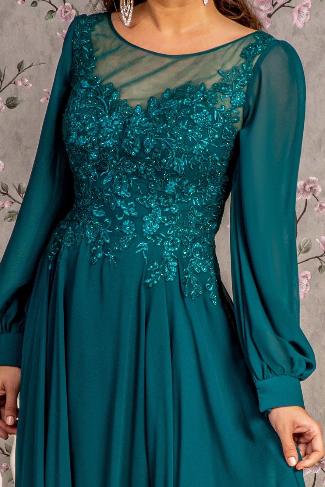 Floral Embroidery Sheer Boat Neckline Chiffon A-line Long Mother Of The Bride Dress GLGL3363 - PrimePick