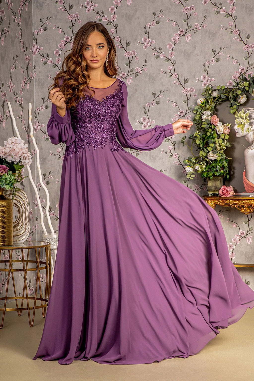 Floral Embroidery Sheer Boat Neckline Chiffon A-line Long Mother Of The Bride Dress GLGL3363 - PrimePick