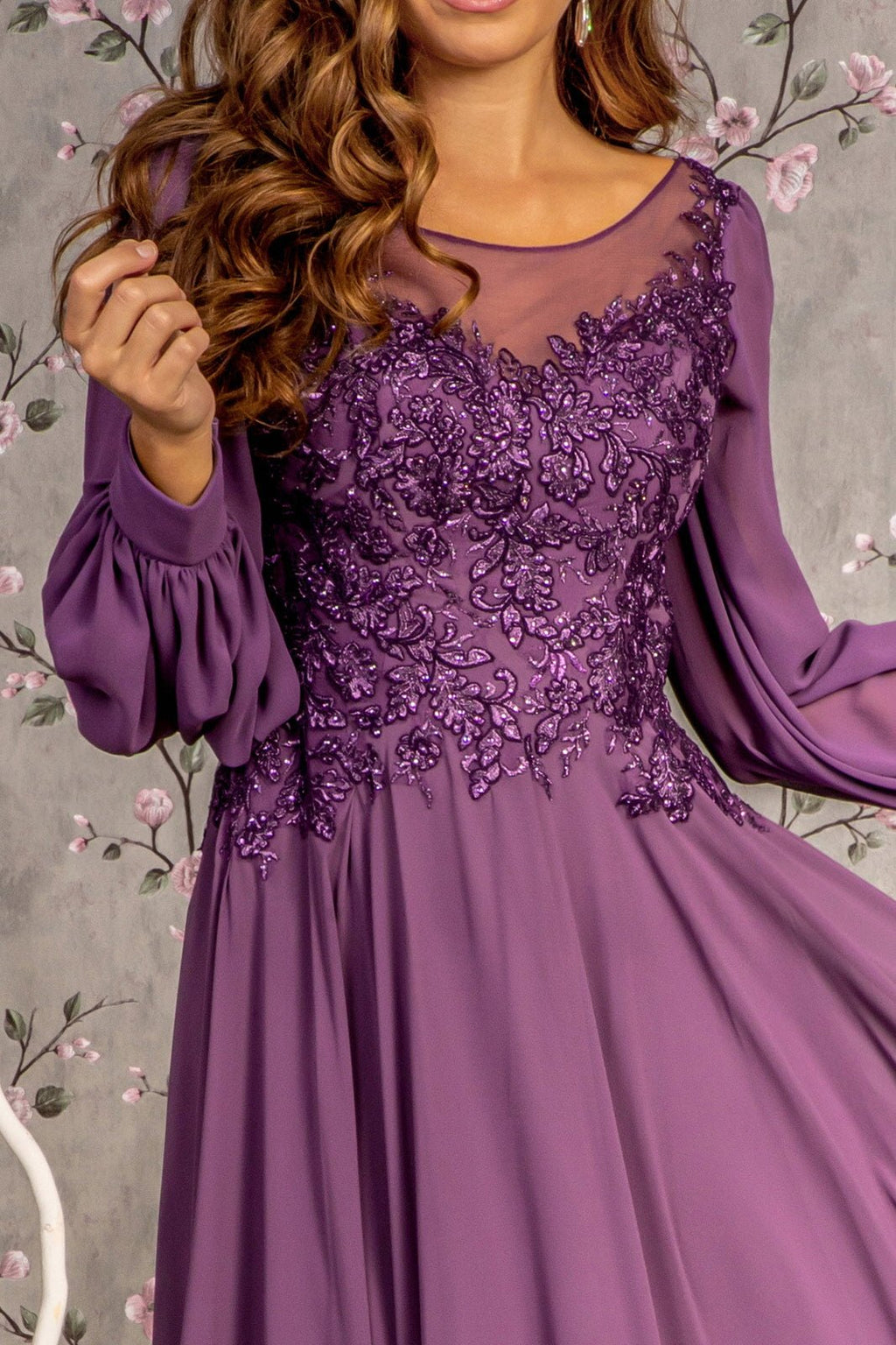 Floral Embroidery Sheer Boat Neckline Chiffon A-line Long Mother Of The Bride Dress GLGL3363 - PrimePick