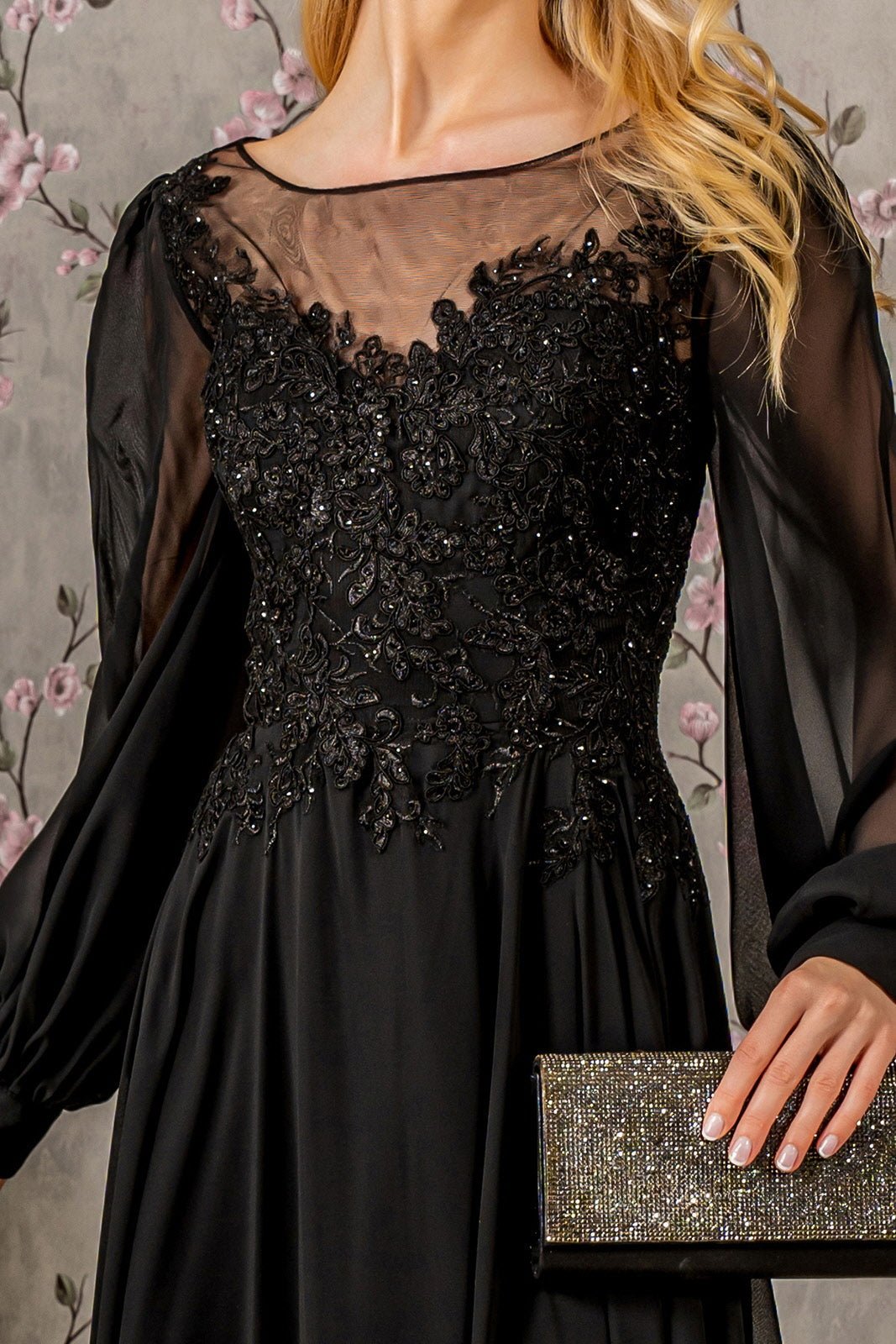 Floral Embroidery Sheer Boat Neckline Chiffon A-line Long Mother Of The Bride Dress GLGL3363 - PrimePick