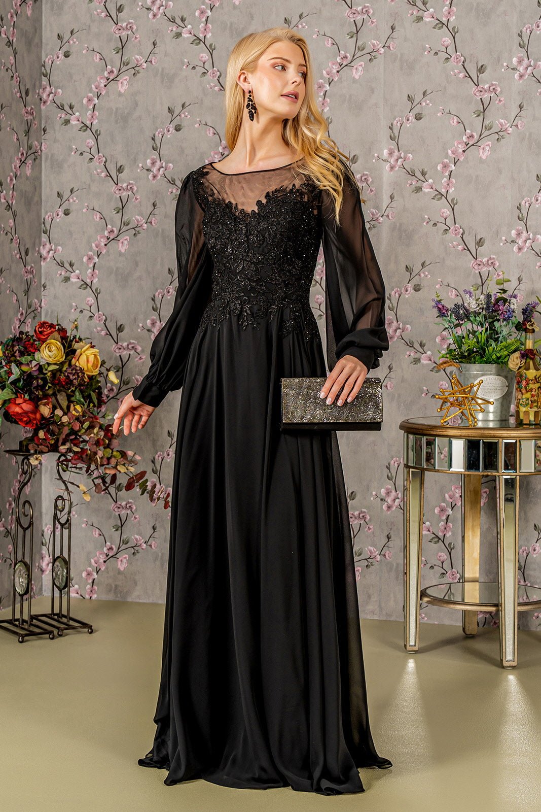 Floral Embroidery Sheer Boat Neckline Chiffon A-line Long Mother Of The Bride Dress GLGL3363 - PrimePick
