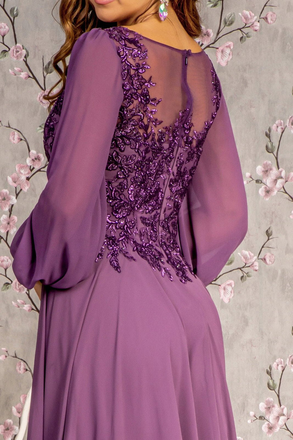 Floral Embroidery Sheer Boat Neckline Chiffon A-line Long Mother Of The Bride Dress GLGL3363 - PrimePick
