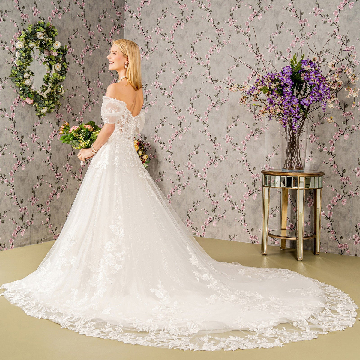 Floral Embroidery Sheer Bodice Mesh A-line Long Wedding Dress GLGL3480 - PrimePick