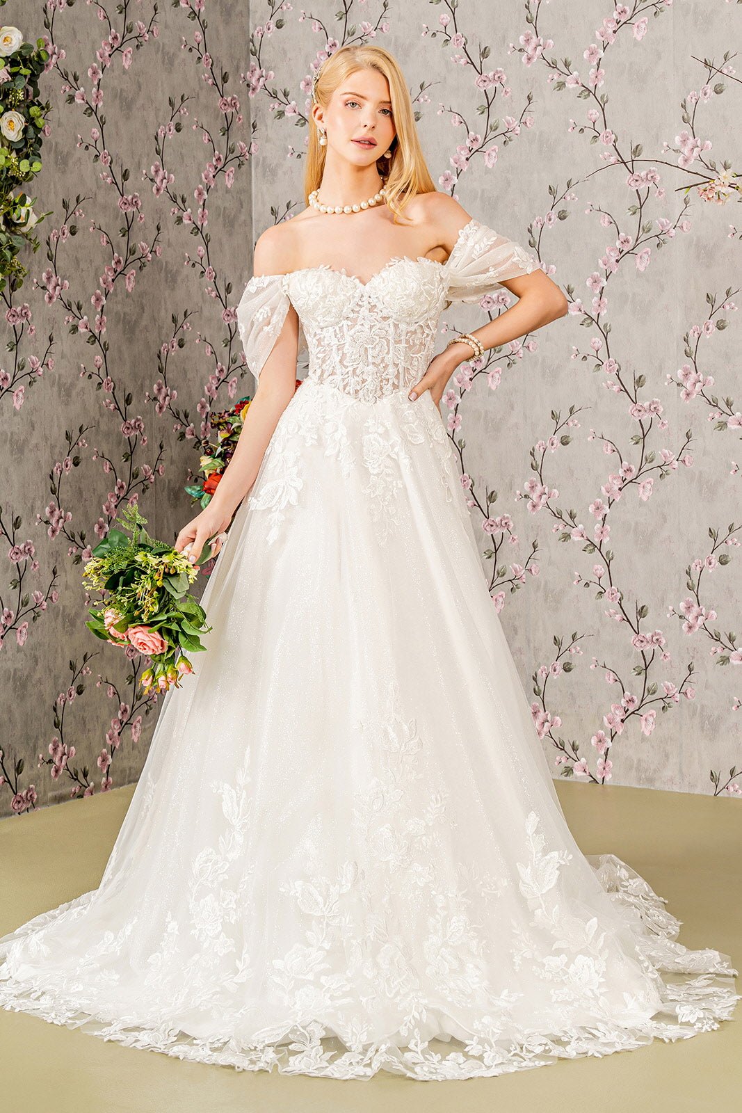Floral Embroidery Sheer Bodice Mesh A-line Long Wedding Dress GLGL3480 - PrimePick