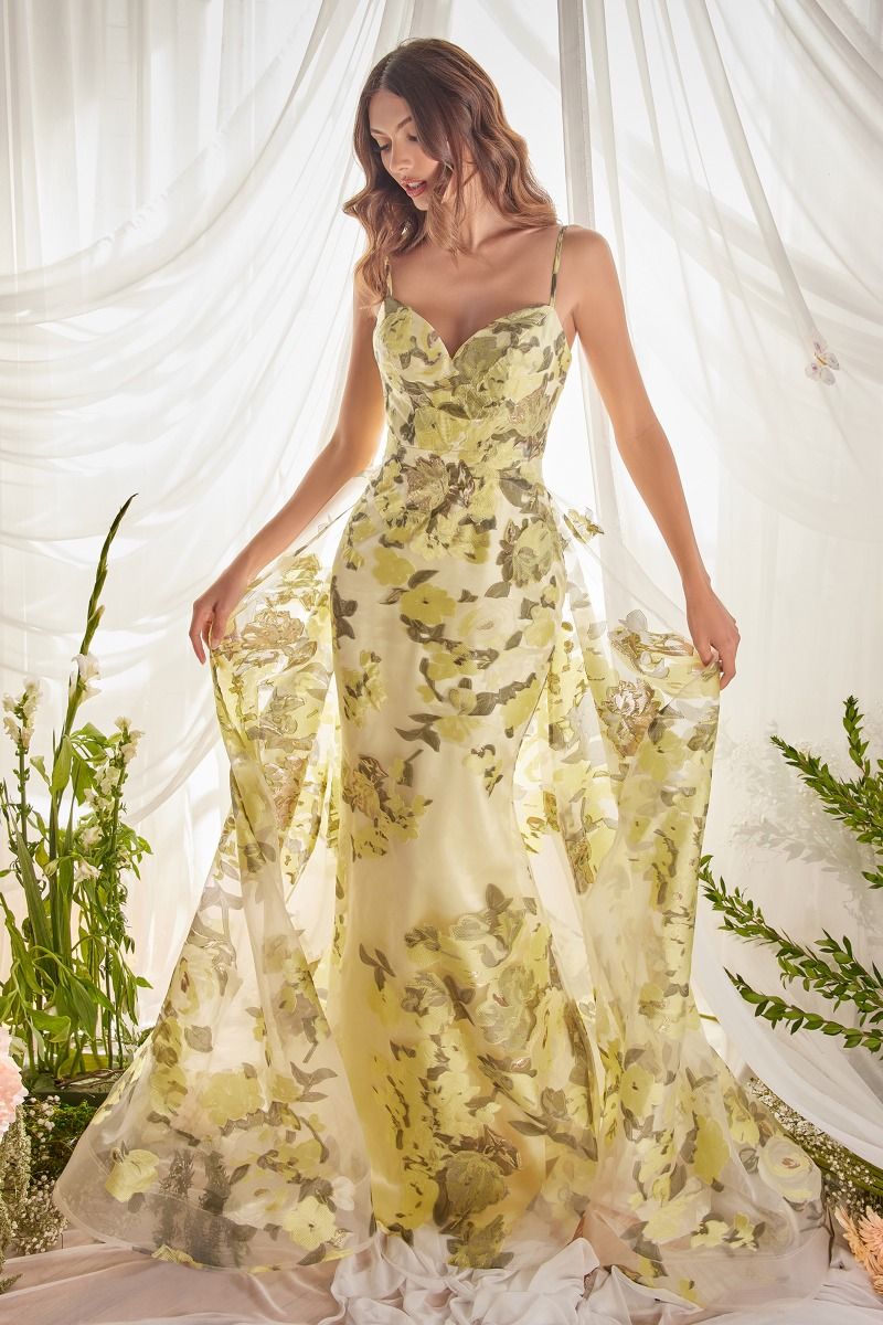 Floral Pattern Spaghetti Straps Sweetheart A - Line Tulle Overskirt Long Prom & Bridesmaid Dress CDA0770 - PrimePick