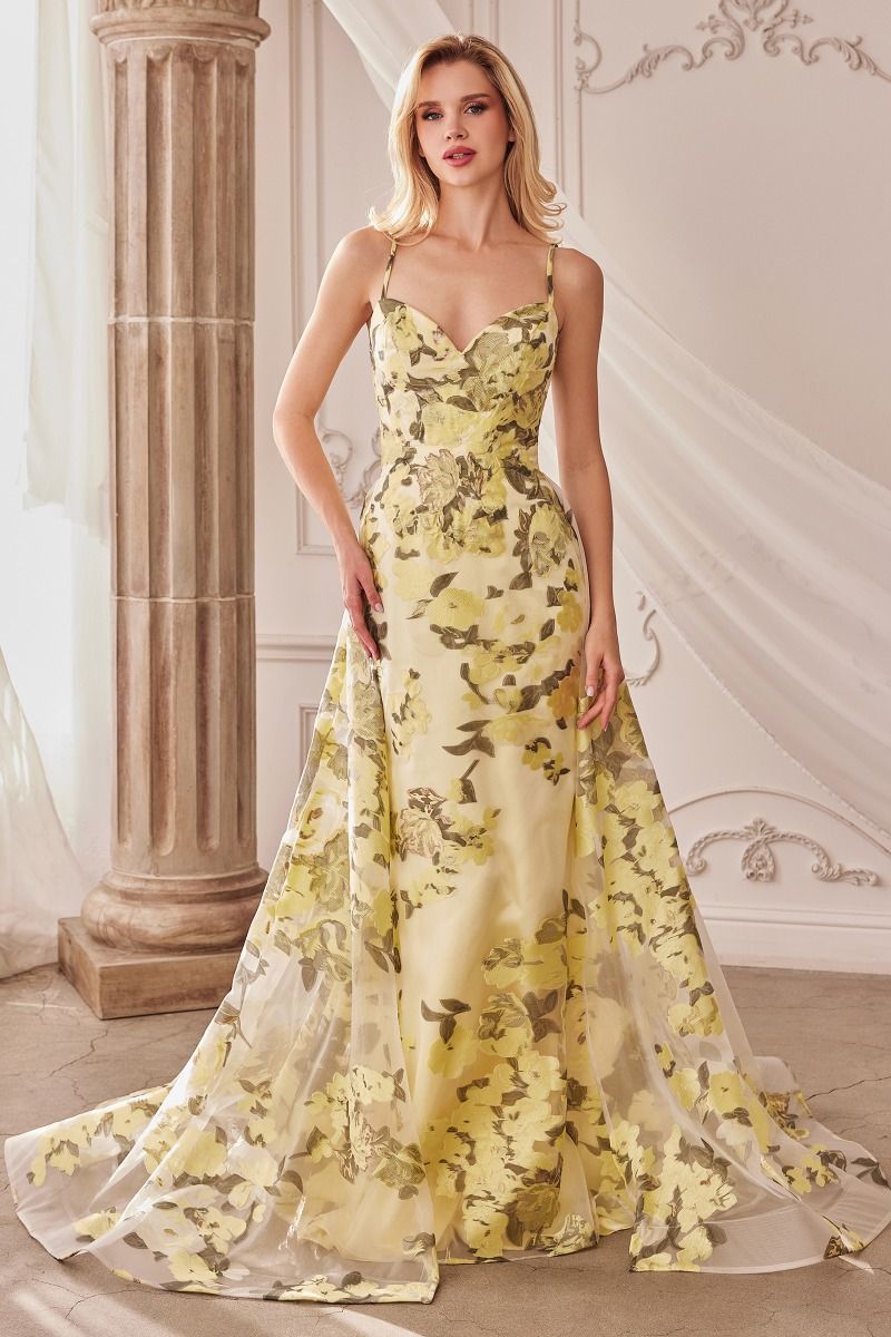 Floral Pattern Spaghetti Straps Sweetheart A - Line Tulle Overskirt Long Prom & Bridesmaid Dress CDA0770 - PrimePick