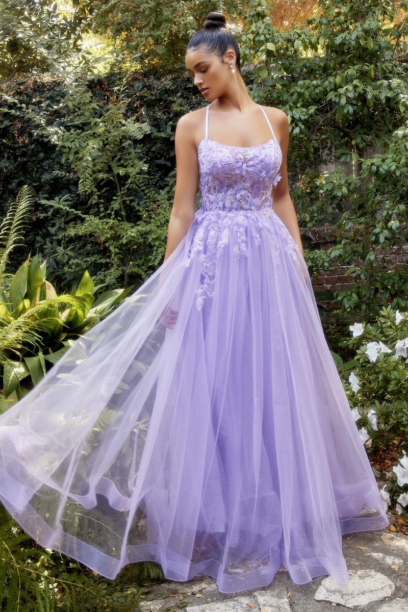 Fluttering Butterfly Applique A-Line Scoop Neck Laced Open Back Floral Long Prom Dress CDA1141 - PrimePick