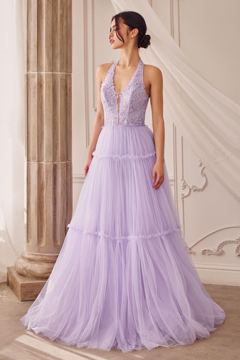 Garden Lace Gree Lavender Mid Open Laced Back Halter Tier Skirt Long Prom & Ball Dress CDA1206 - PrimePick