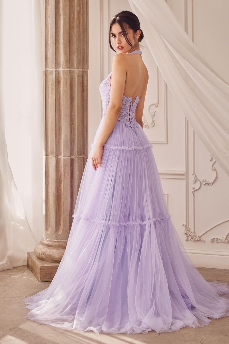 Garden Lace Gree Lavender Mid Open Laced Back Halter Tier Skirt Long Prom & Ball Dress CDA1206 - PrimePick