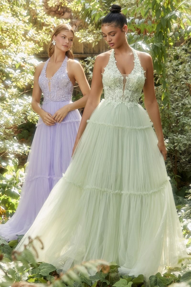 Garden Lace Gree Lavender Mid Open Laced Back Halter Tier Skirt Long Prom & Ball Dress CDA1206 - PrimePick