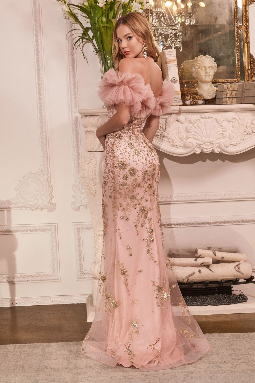 Gathered Tulle Off the Shoulder Shimmering Mermaid Silhouette Prom & Ball Gown CDJ818 - PrimePick