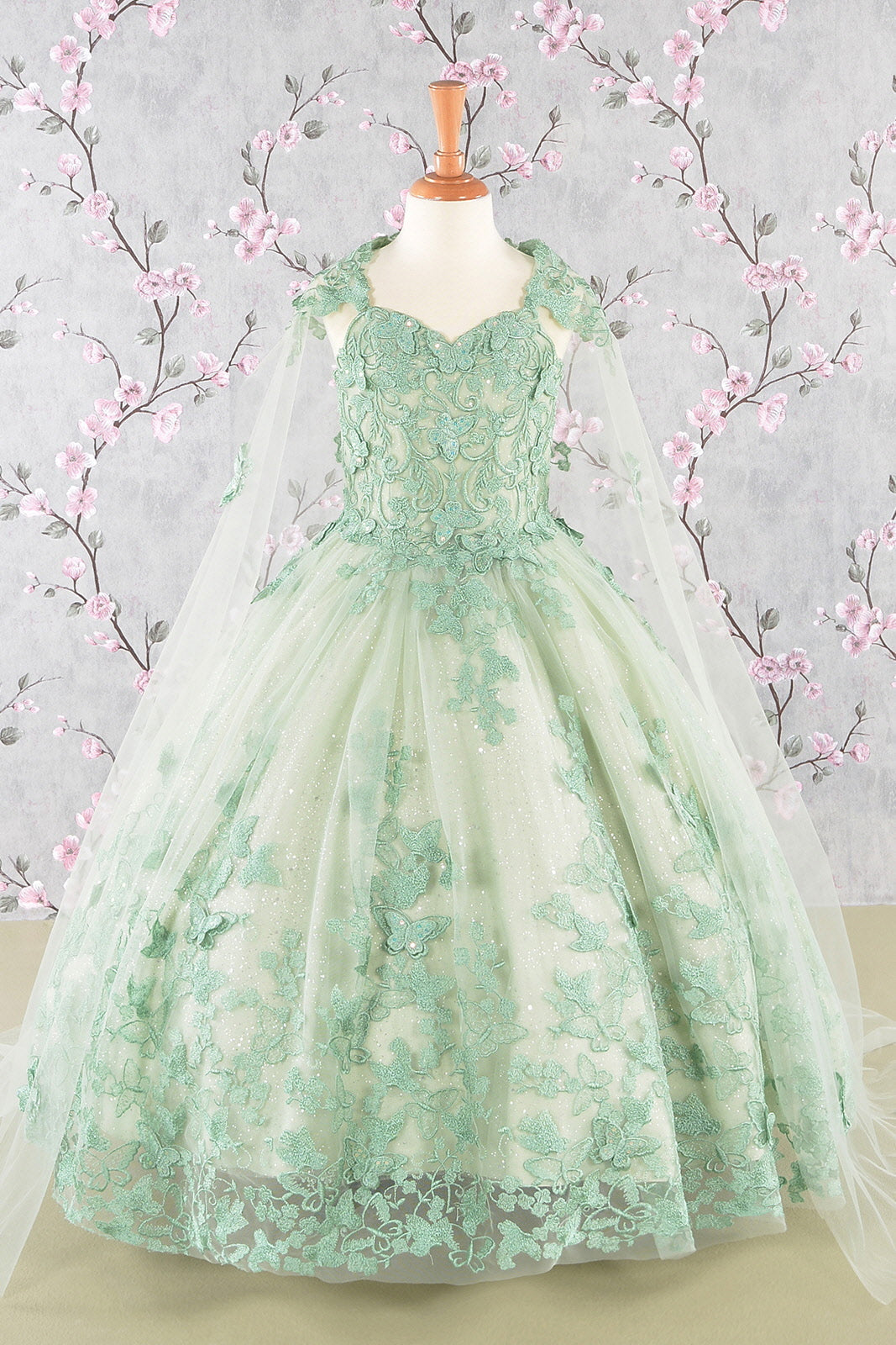 3D Butterfly Sequin Mesh w/ Detachable Long Mesh Cape Kid Dress GLGK114