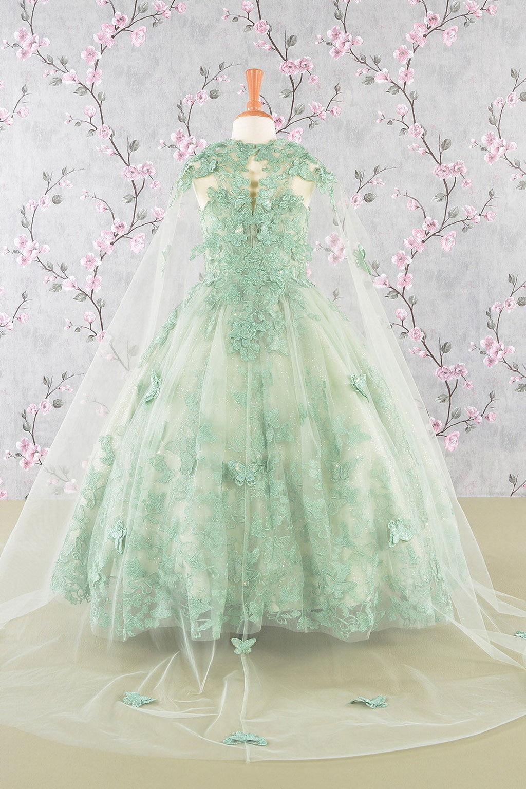 3D Butterfly Sequin Mesh w/ Detachable Long Mesh Cape Kid Dress GLGK114