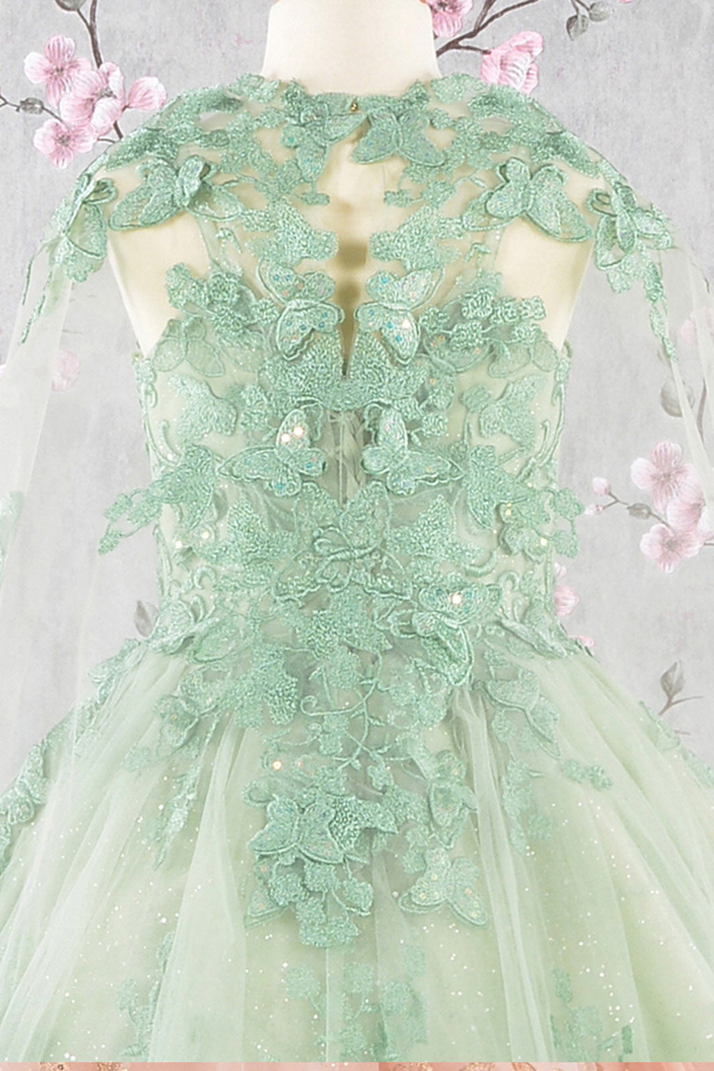 3D Butterfly Sequin Mesh w/ Detachable Long Mesh Cape Kid Dress GLGK114