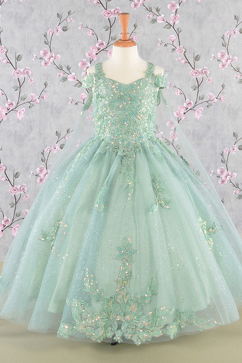 Embroidery Bead w/ Detachable Long Back Drapes Tea Length Kid Dress GLGK116