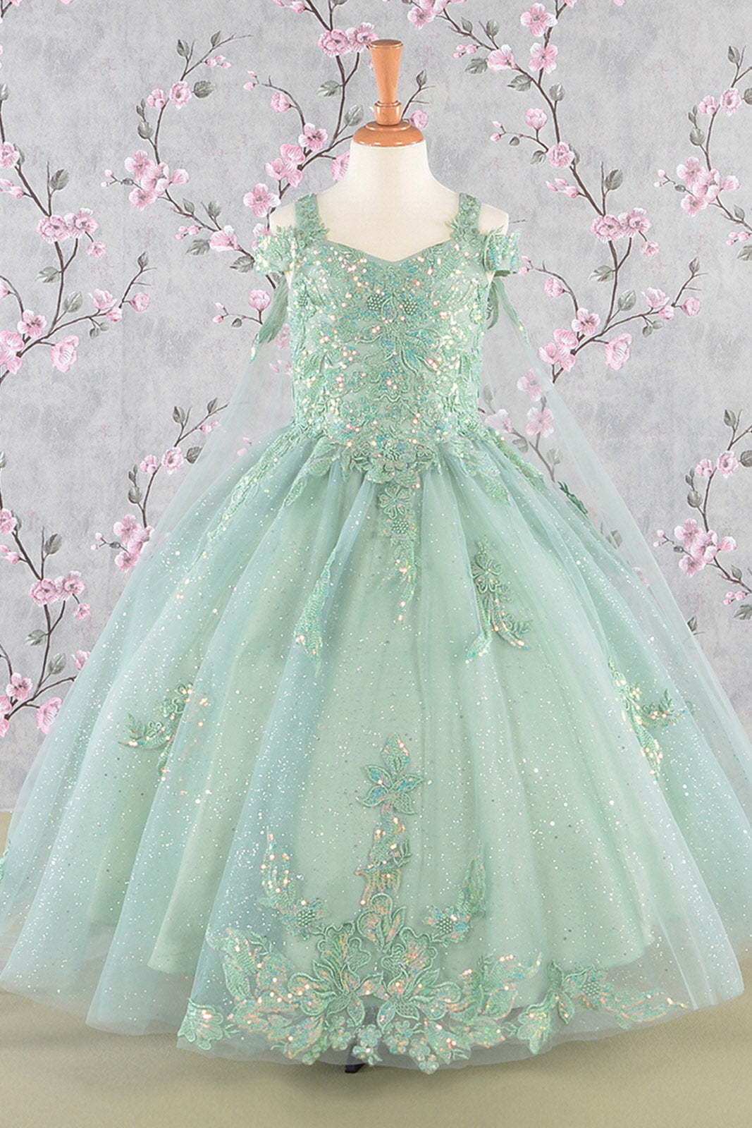 Embroidery Bead w/ Detachable Long Back Drapes Tea Length Kid Dress GLGK116