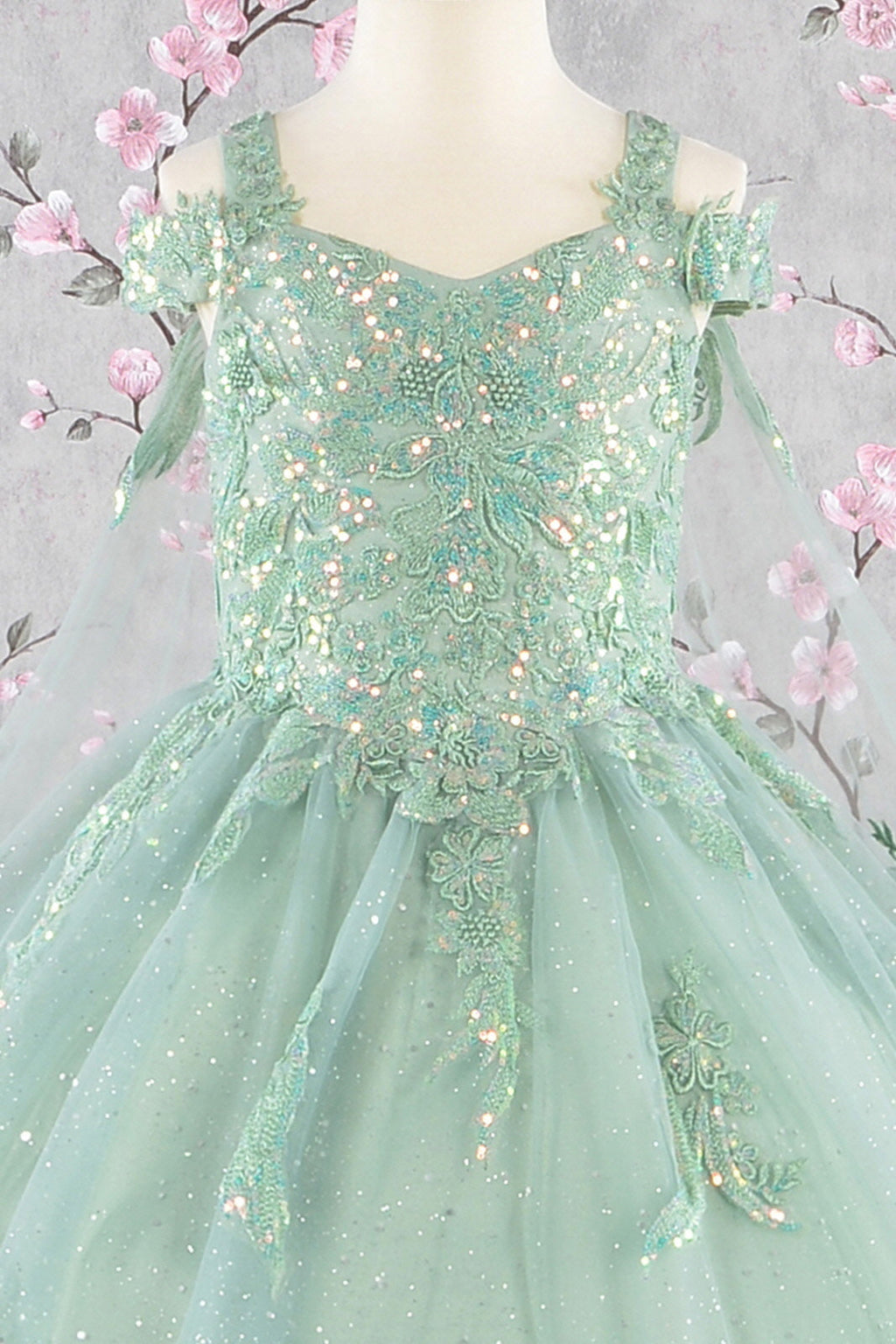 Embroidery Bead w/ Detachable Long Back Drapes Tea Length Kid Dress GLGK116