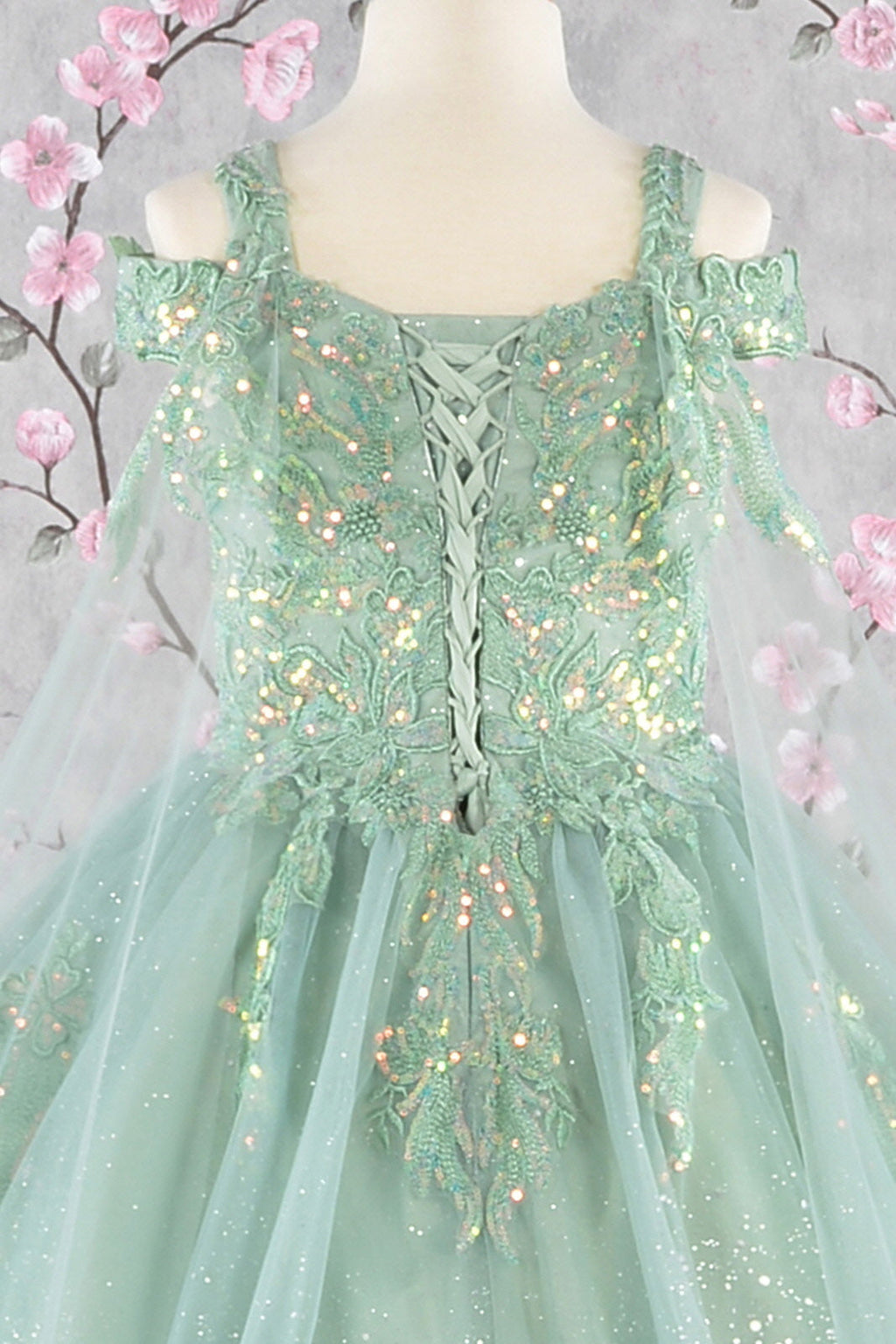 Embroidery Bead w/ Detachable Long Back Drapes Tea Length Kid Dress GLGK116