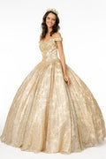 Sweetheart Neckline Cut-Away Shoulder Glitter Mesh Long Quinceanera Dress GLGL1820
