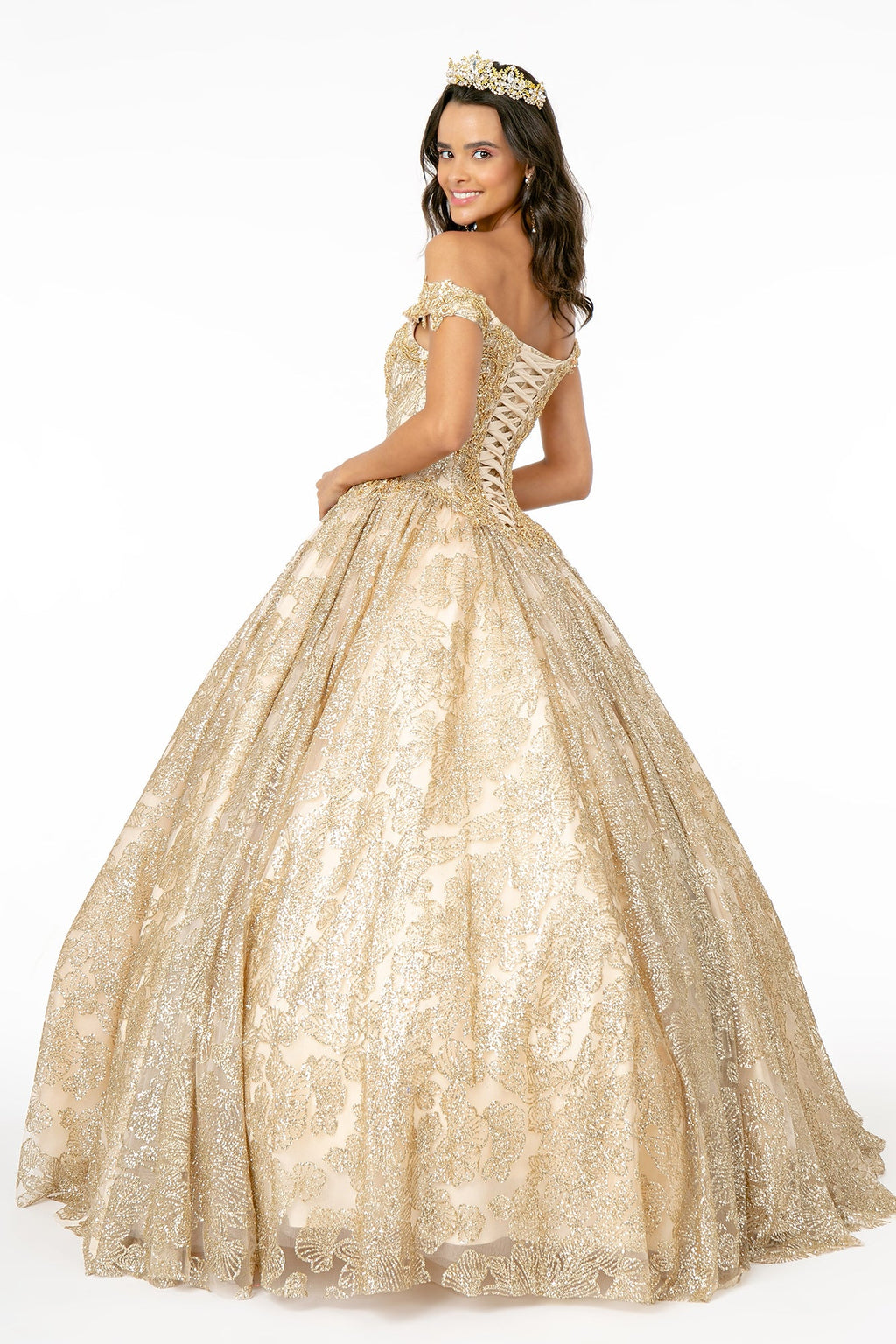 Sweetheart Neckline Cut-Away Shoulder Glitter Mesh Long Quinceanera Dress GLGL1820