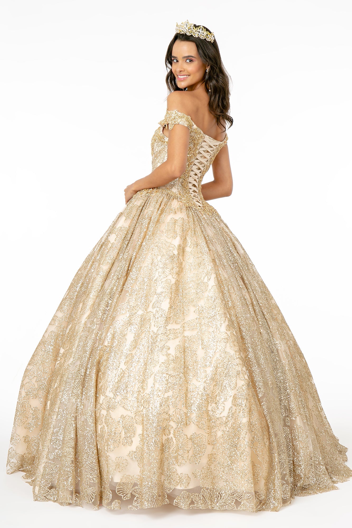 Sweetheart Neckline Cut-Away Shoulder Glitter Mesh Long Quinceanera Dress GLGL1820