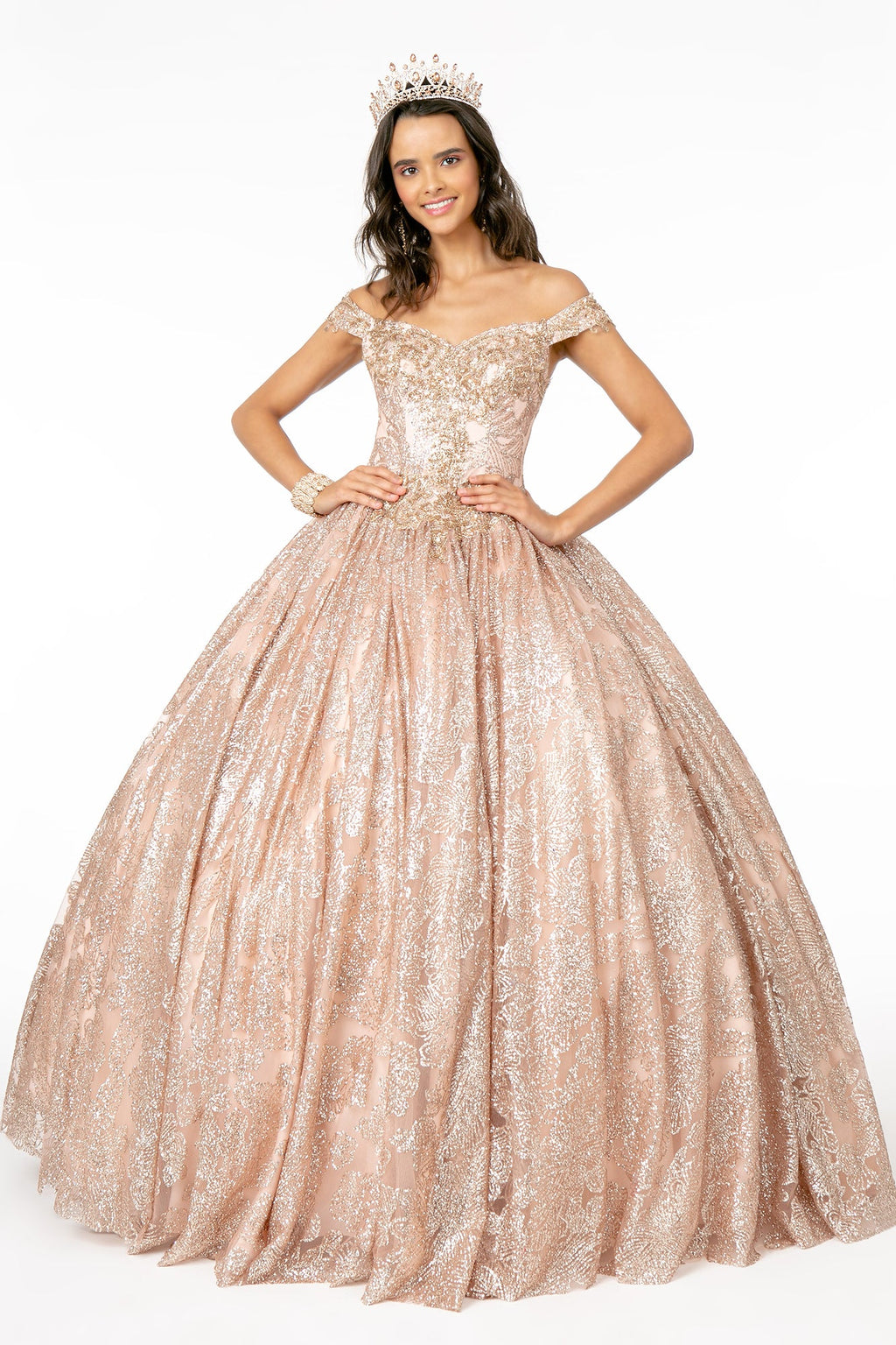 Sweetheart Neckline Cut-Away Shoulder Glitter Mesh Long Quinceanera Dress GLGL1820