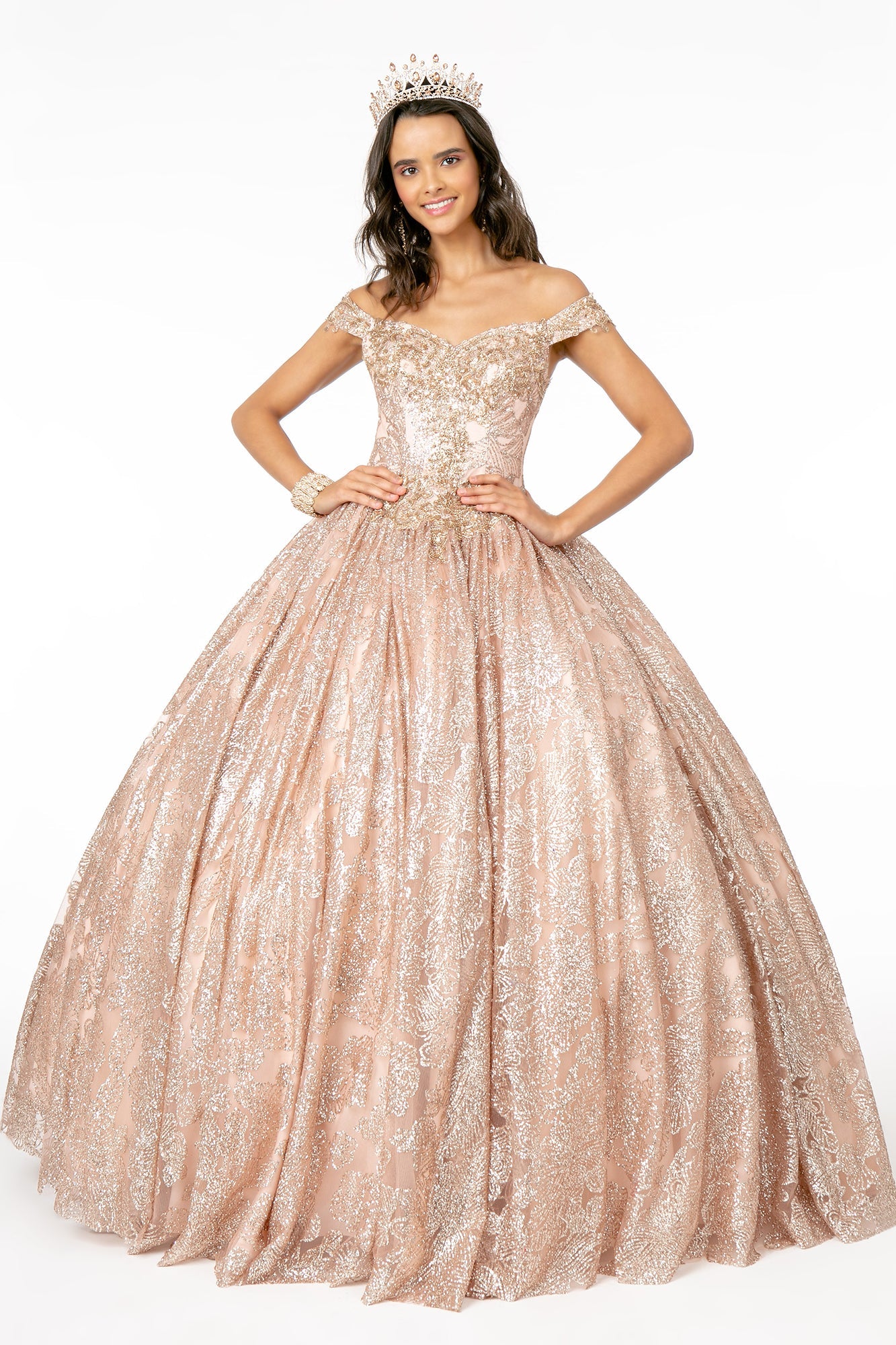 Sweetheart Neckline Cut-Away Shoulder Glitter Mesh Long Quinceanera Dress GLGL1820