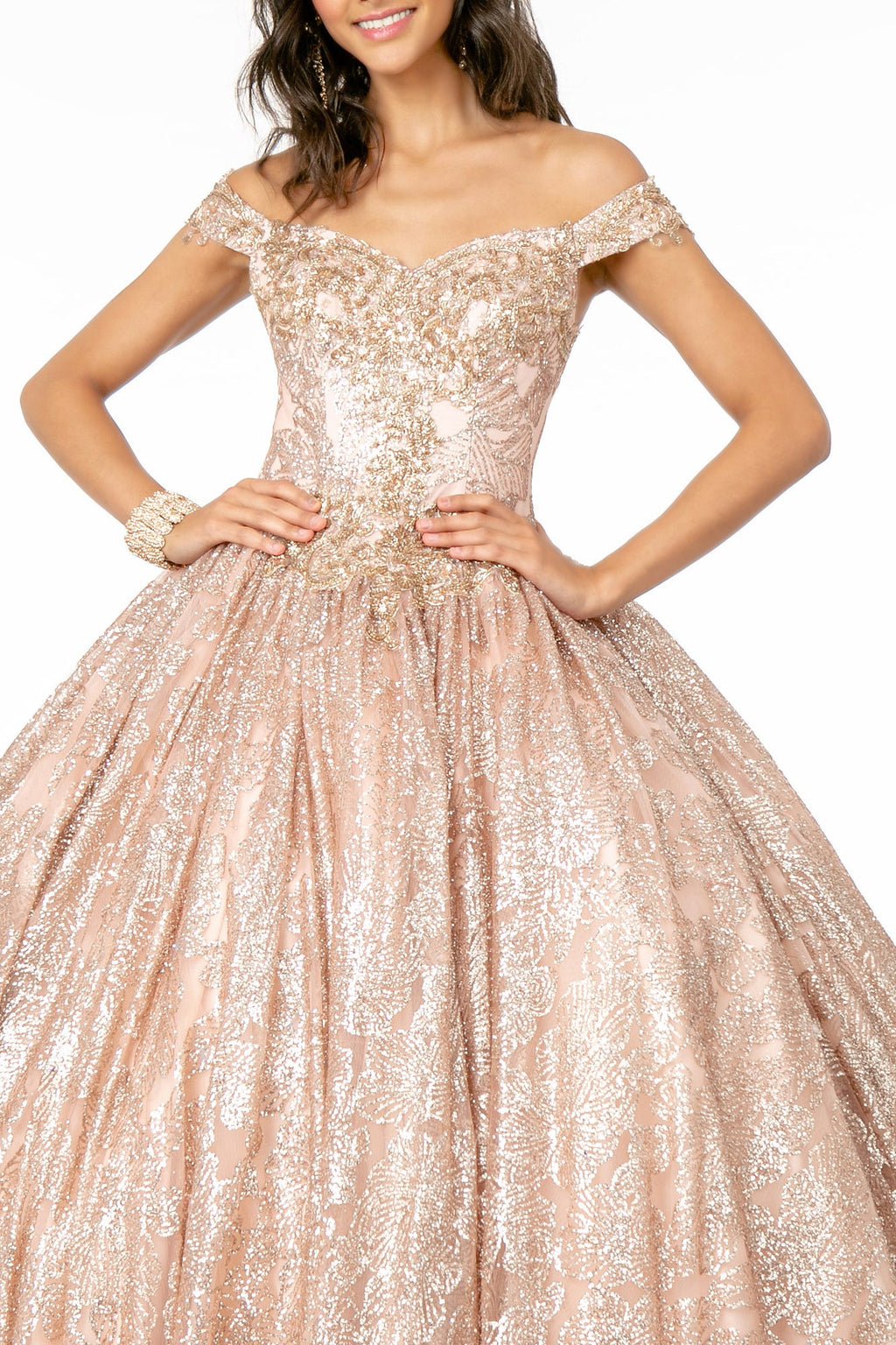Sweetheart Neckline Cut-Away Shoulder Glitter Mesh Long Quinceanera Dress GLGL1820