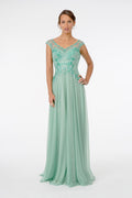 Embroidered Bodice V-Neck w/ V-Back Long Mother Of The Bride Dress GLGL1826