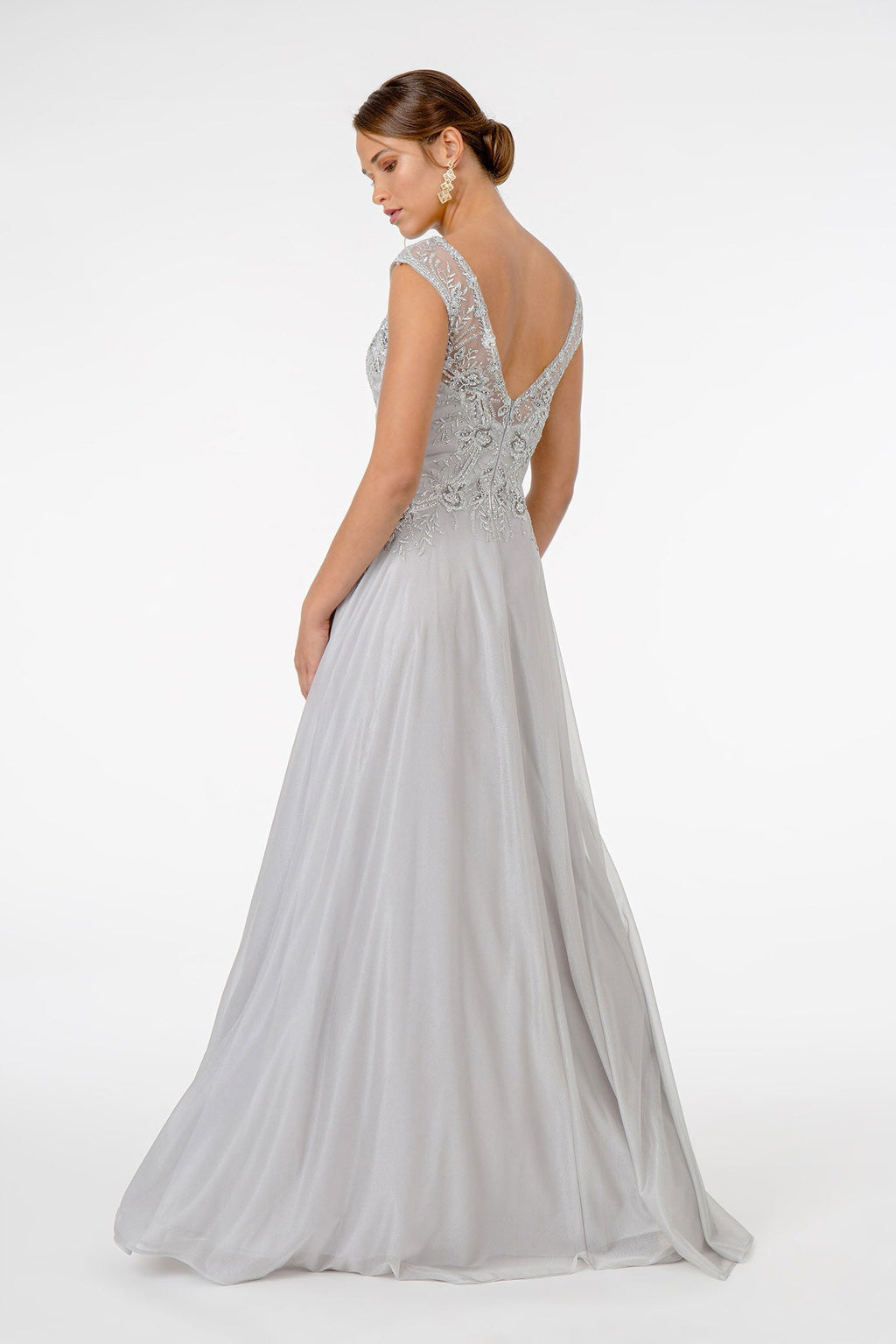 Embroidered Bodice V-Neck w/ V-Back Long Mother Of The Bride Dress GLGL1826