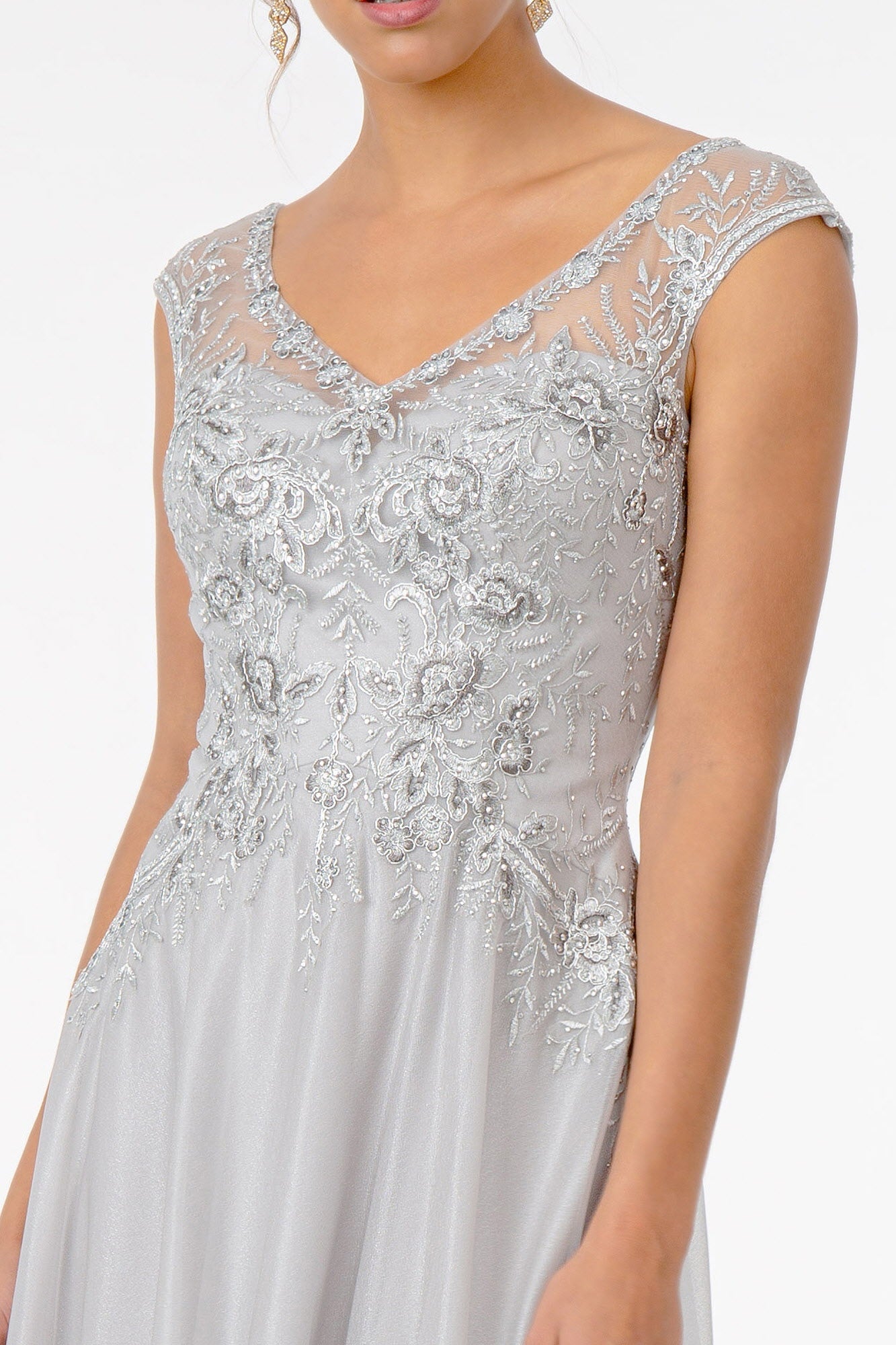 Embroidered Bodice V-Neck w/ V-Back Long Mother Of The Bride Dress GLGL1826