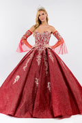 Sweethearted Ruffle Tail w/ Detached Mesh Sleeve Long Quinceanera Dress - Mask Not Included GLGL1912
