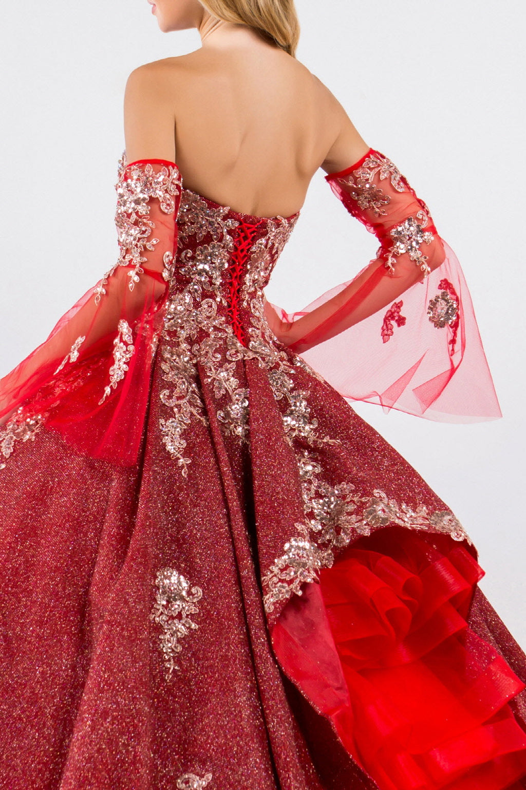 Sweethearted Ruffle Tail w/ Detached Mesh Sleeve Long Quinceanera Dress - Mask Not Included GLGL1912
