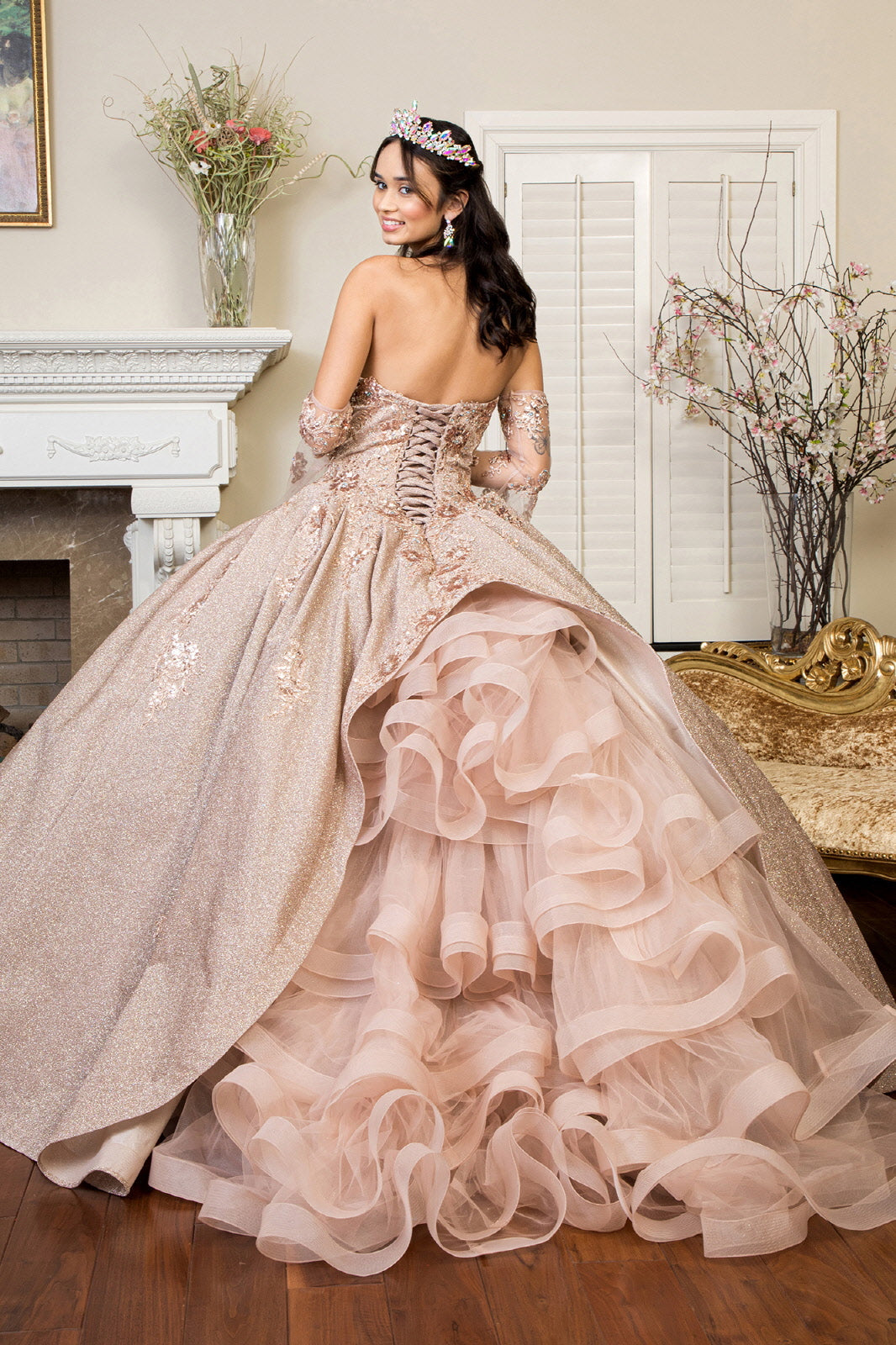Sweethearted Ruffle Tail w/ Detached Mesh Sleeve Long Quinceanera Dress - Mask Not Included GLGL1912