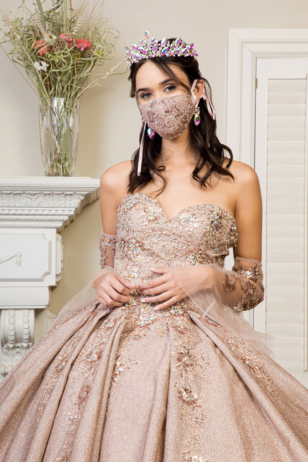 Sweethearted Ruffle Tail w/ Detached Mesh Sleeve Long Quinceanera Dress - Mask Not Included GLGL1912