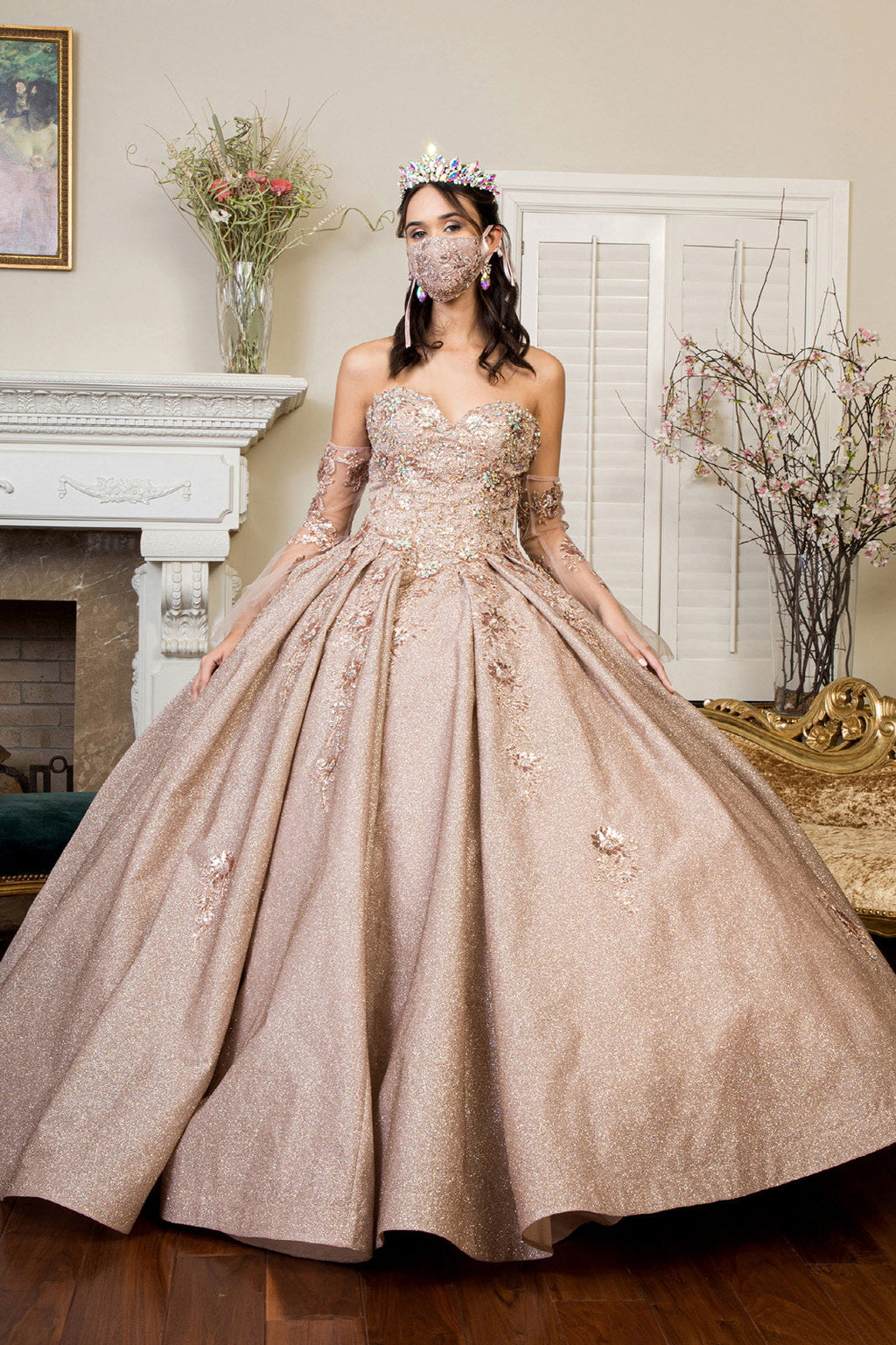 Sweethearted Ruffle Tail w/ Detached Mesh Sleeve Long Quinceanera Dress - Mask Not Included GLGL1912