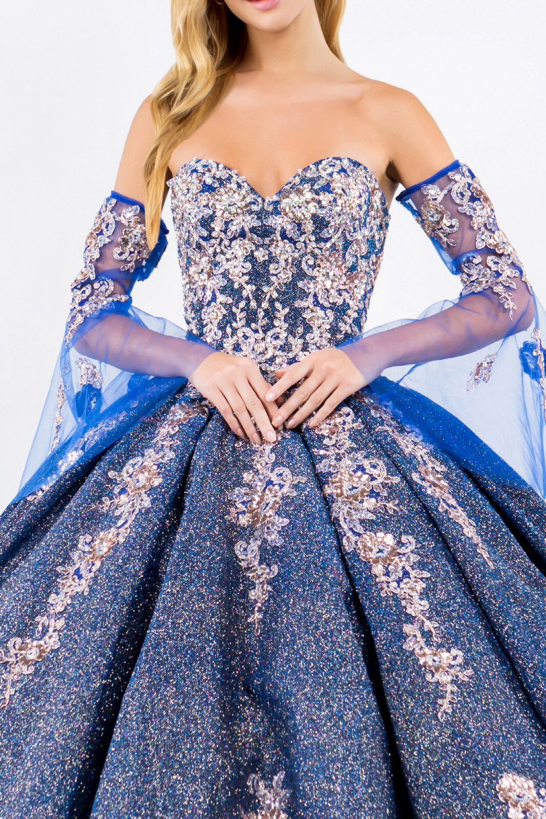 Sweethearted Ruffle Tail w/ Detached Mesh Sleeve Long Quinceanera Dress - Mask Not Included GLGL1912