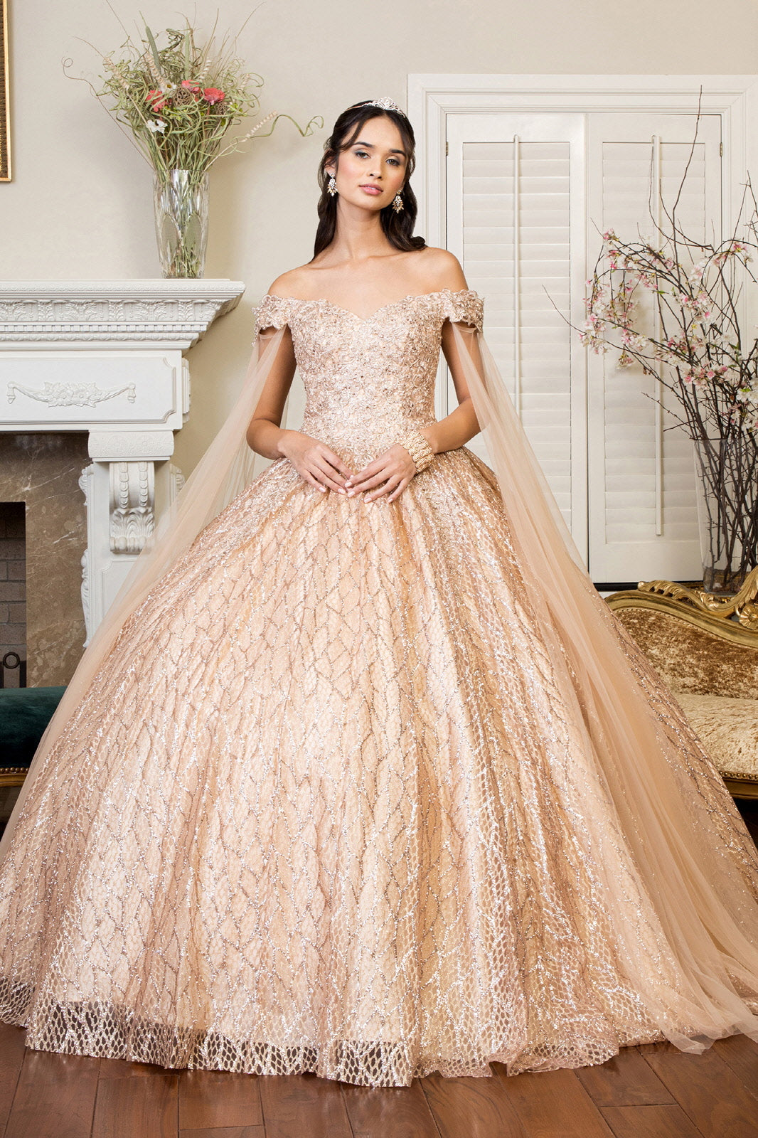 Cut-Away Shoulder Sweethearted Glitter Mesh Quinceanera Dress GLGL1926