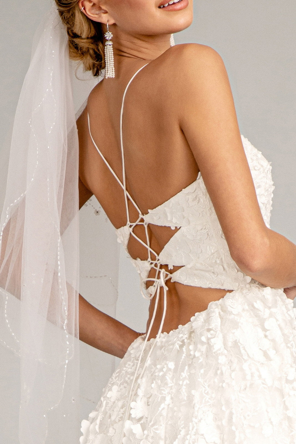 Floral Embroidered Lace-Up Mesh w/ Sweetheart Neckline Long Wedding Dress GLGL1985