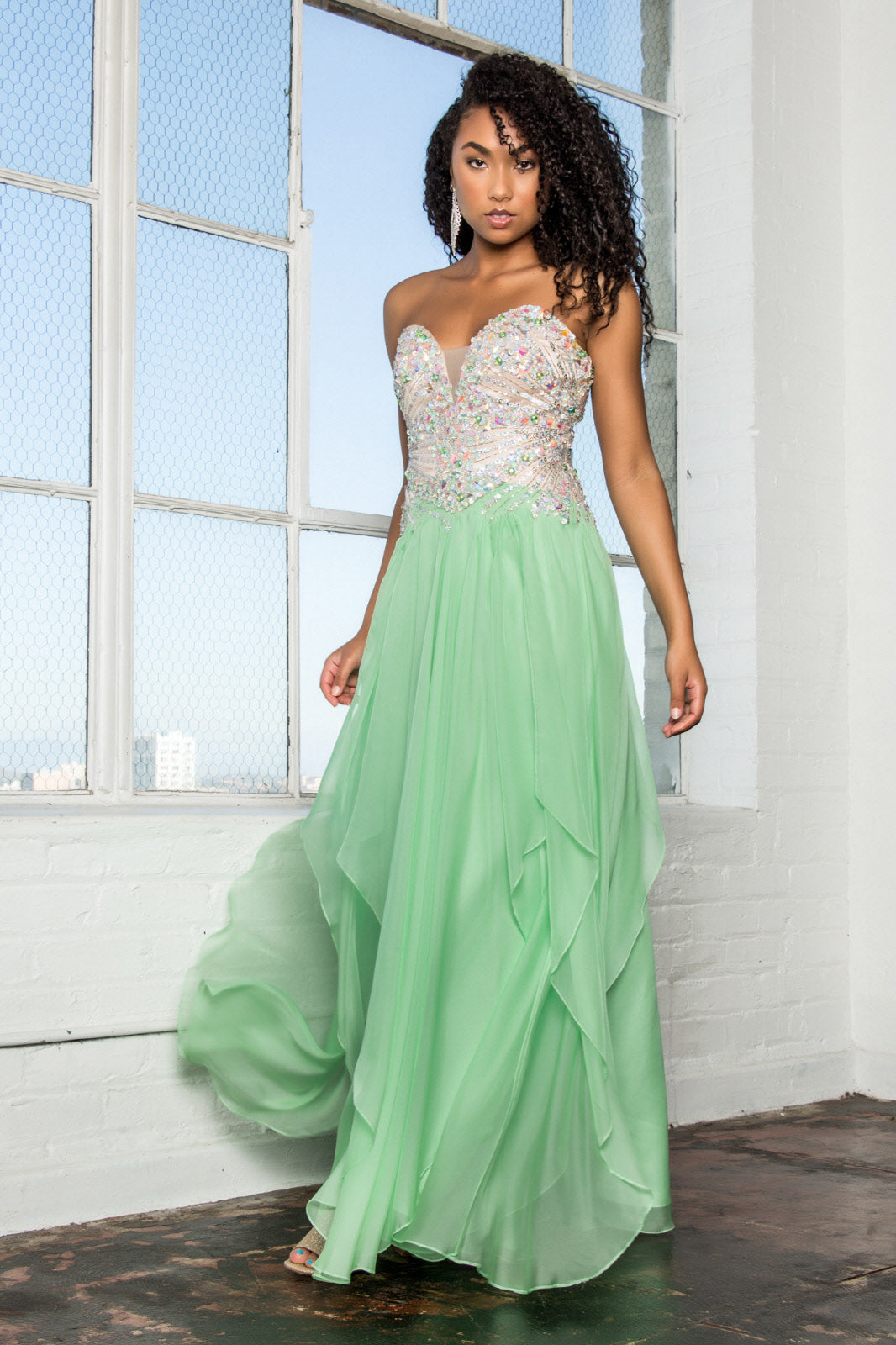 Strapless Sweetheart Chiffon with Sequin Embellished Bodice Long Prom Dress GLGL2092