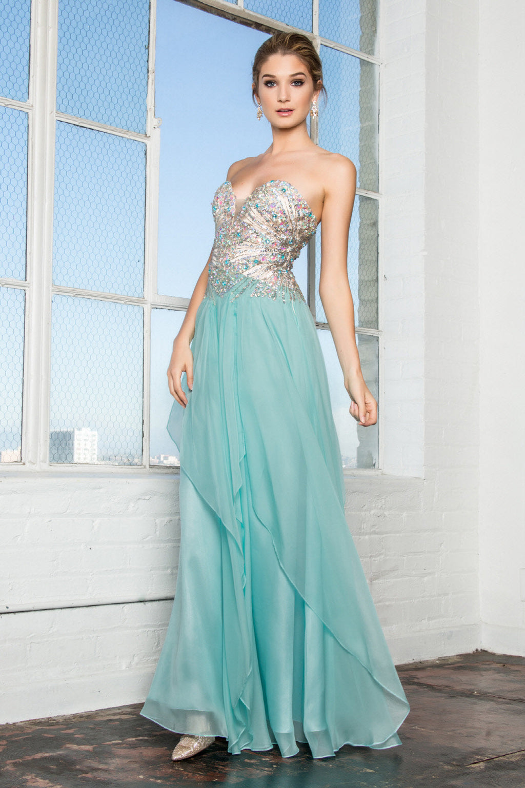Strapless Sweetheart Chiffon with Sequin Embellished Bodice Long Prom Dress GLGL2092