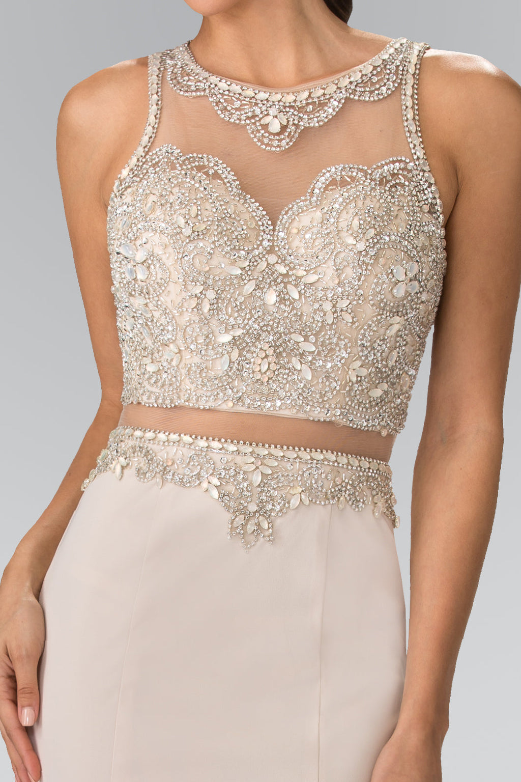 Mock Two-Piece with Beaded Top Long Prom Dress GLGL2342
