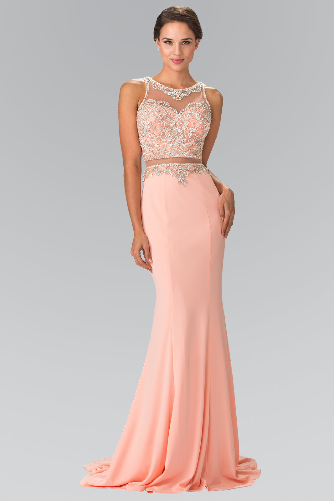 Mock Two-Piece with Beaded Top Long Prom Dress GLGL2342