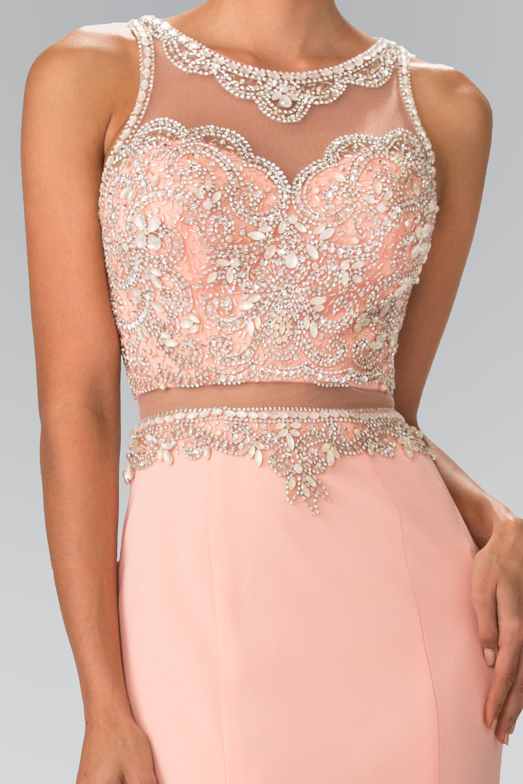 Mock Two-Piece with Beaded Top Long Prom Dress GLGL2342