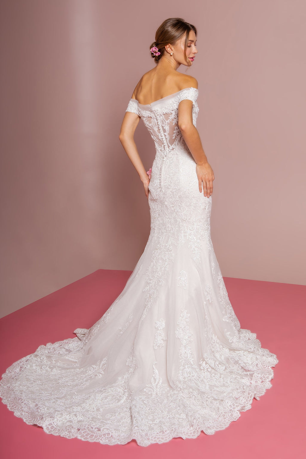 Cut-Away Shoulder Embroidered Mesh Mermaid Wedding Dress GLGL2594