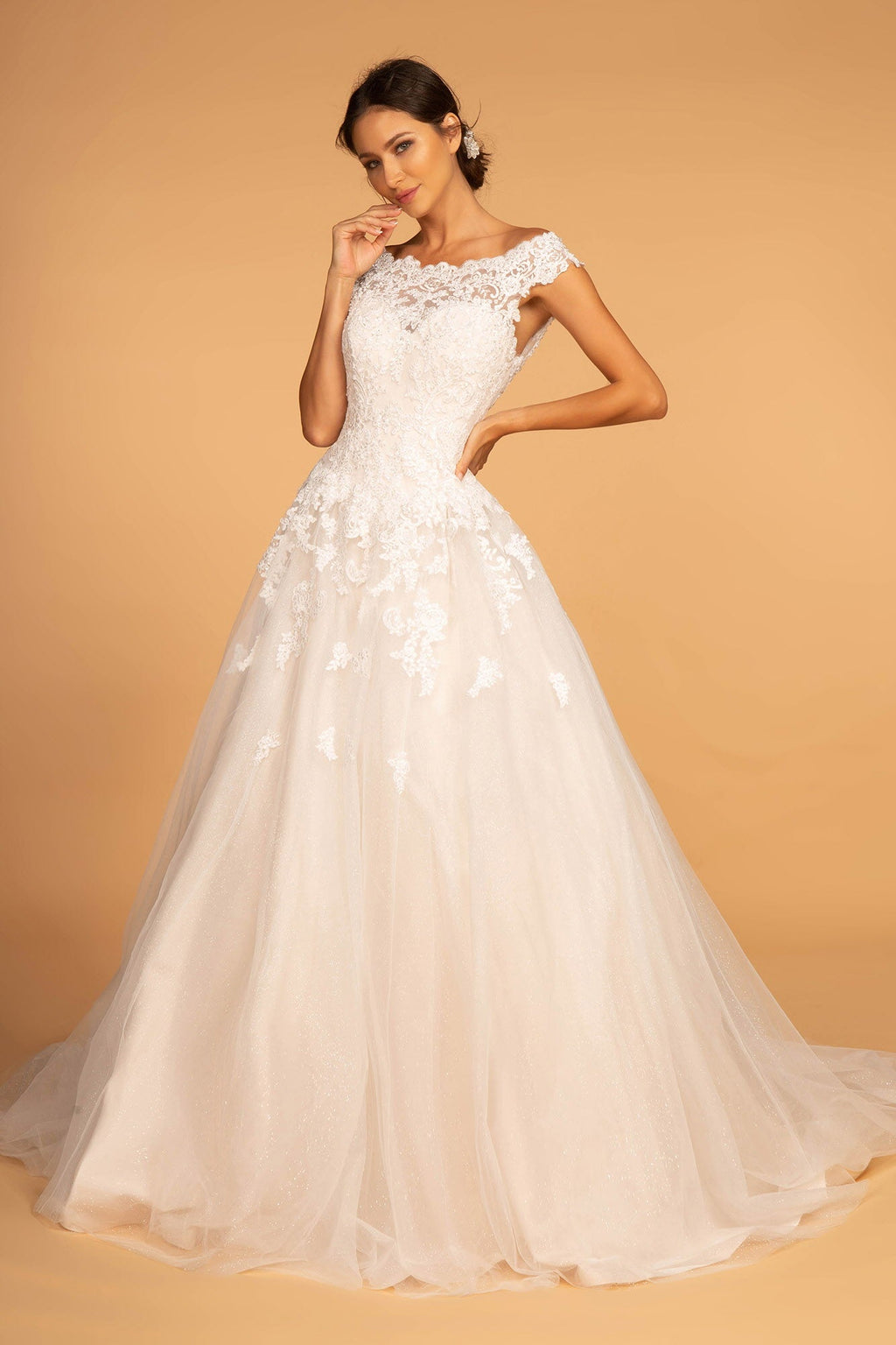 Boat-Neck Embroidered Mesh A-Line Long Wedding Dress GLGL2596