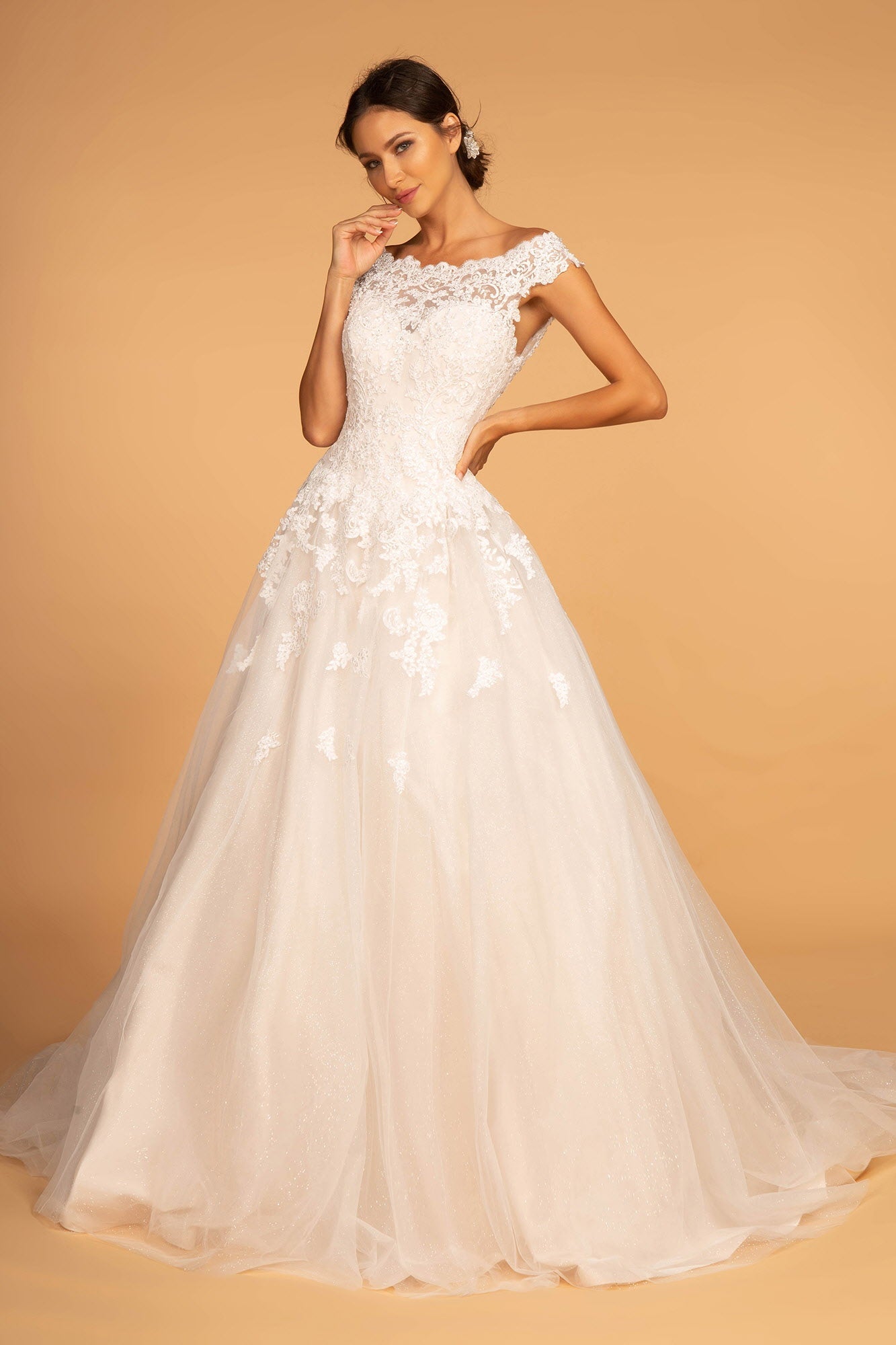 Boat-Neck Embroidered Mesh A-Line Long Wedding Dress GLGL2596