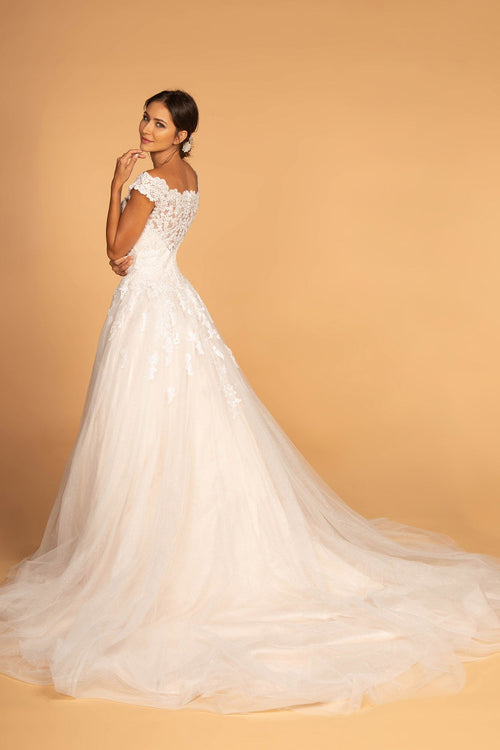 Boat-Neck Embroidered Mesh A-Line Long Wedding Dress GLGL2596