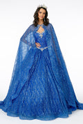 Jewel Embellished Bodice Glitter Mesh w/ Glitter Mesh Cape Long Ball Dress GLGL2801